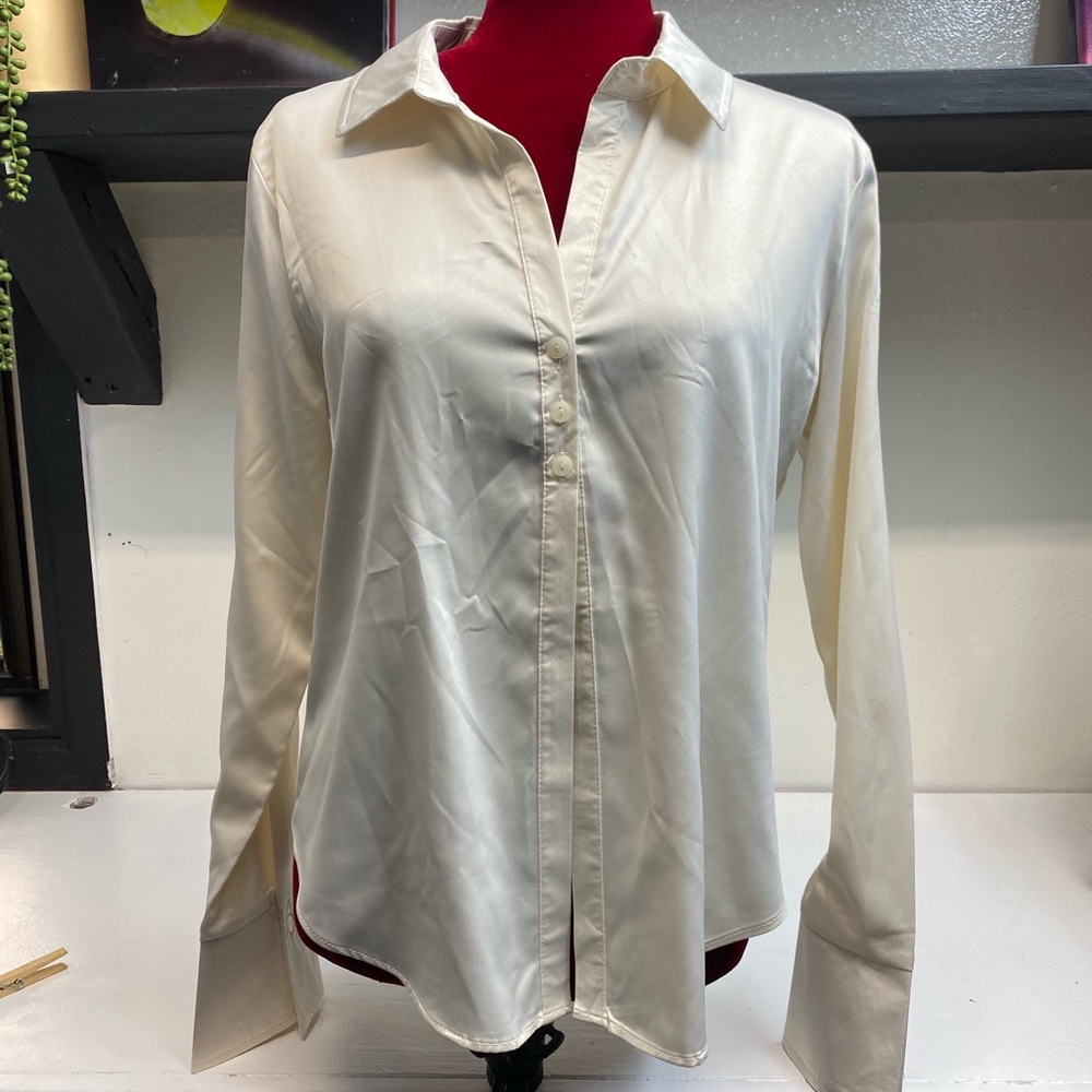 Cream Long Sleeve Button Down Shirt with Notched Collar